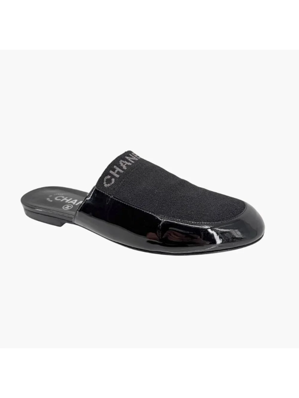 Chanel Logo Glitter Lurex Black Patent Leather Mule Flats Size 39 C US 8-8.5